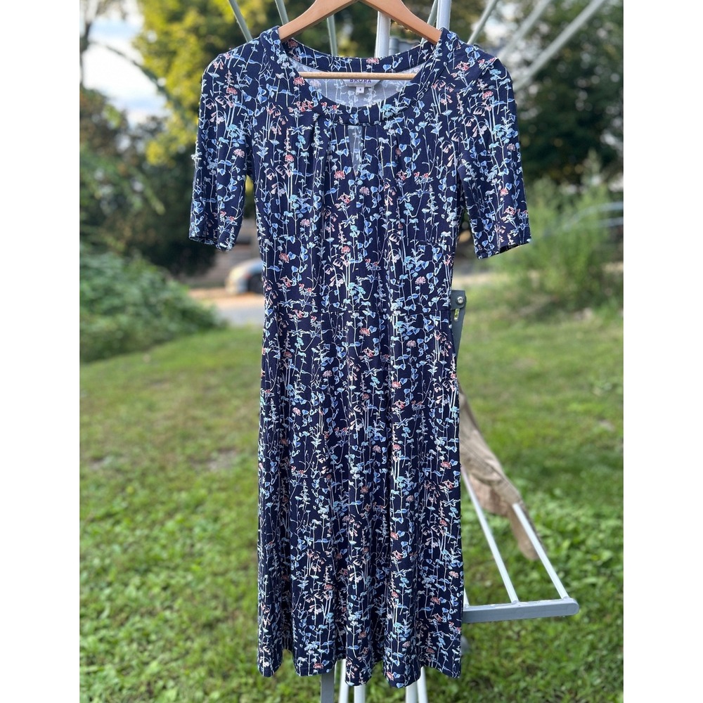 Brora Dark Floral Fit & Flare Tea Dress US 2 Navy Jersey Cottage Made In England